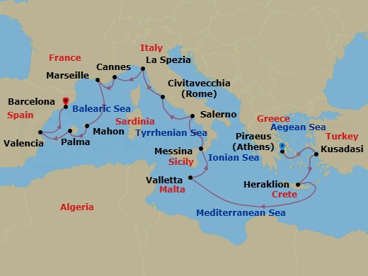 14 Night - South Mediterranean Jewels - Oceania Allura - Starting in Athens (Piraeus), Ephesus (Kusadasi), Heraklion (Crete), Valletta, Messina (Sicily), Salerno, Rome (Civitavecchia), Cinque Terre (La Spezia), Cannes, Provence (Marseille), Mahon (Menorca), Palma De Mallorca, Valencia, Barcelona itinerary map