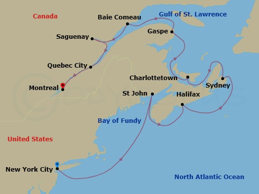 11 Night - Maritimes Harvest Passage - Oceania Vista - Starting in New York, Cruising the Atlantic Ocean, Saint John NB (Bay of Fundy), Halifax, Sydney CA, Charlottetown, Gaspe, Baie-Comeau, Saguenay, Quebec City, Montreal itinerary map
