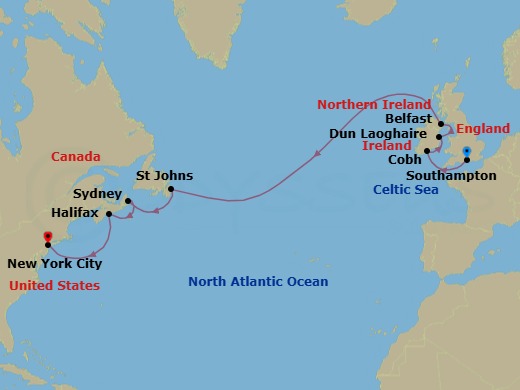14 Night - Celtic Shores & Maritimes - Oceania Vista - Starting in London (Southampton), Cork (Cobh), Dublin (Dun Laoghaire), Belfast, St Johns, Sydney CA, Halifax, New York itinerary map