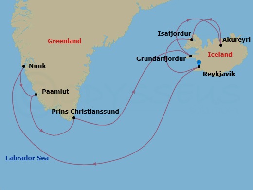 11 Night - Polar Peaks & Fjord Trails - Oceania Vista - Starting in Reykjavik, Nuuk, Paamiut (Frederikshab), Cruising Prince Christian Sound, Grundarfjordur, Akureyri, Isafjordur, Reykjavik itinerary map