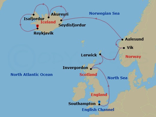10 Night - Celtic to Arctic Shores - Oceania Vista - Starting in London (Southampton), Invergordon, United Kingdom, Lerwick (Shetland Islands), Vik, Alesund, Seydisfjordur, Akureyri, Isafjordur, Reykjavik itinerary map