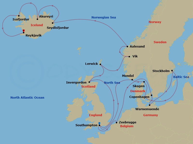 22 Night - Baltic Gems & Arctic Skies - Oceania Vista - Starting in London (Southampton), Bruges (Zeebrugge), Copenhagen, Berlin (Warnemunde), Cruising the Baltic Sea, Stockholm, Skagen, Mandal, London (Southampton), Invergordon, United Kingdom, Lerwick (Shetland Islands), Vik, Alesund, Seydisfjordur, Akureyri, Isafjordur, Reykjavik itinerary map