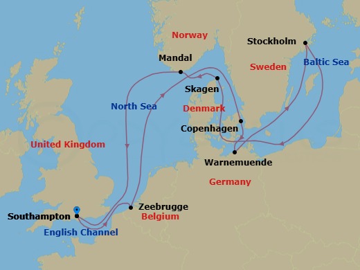12 Night - Royal Northern Kingdoms - Oceania Vista - Starting in London (Southampton), Bruges (Zeebrugge), Copenhagen, Berlin (Warnemunde), Cruising the Baltic Sea, Stockholm, Skagen, Mandal, London (Southampton) itinerary map
