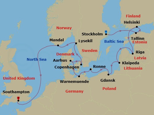 14 Night - Nordic Heritage Passage - Oceania Vista - Starting in Stockholm, Tallinn, Helsinki, Riga, Klaipeda, Gdansk (Gdynia), Ronne (Bornholm), Berlin (Warnemunde), Aarhus, Copenhagen, Lysekil, Mandal, London (Southampton) itinerary map