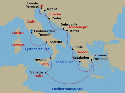 12 Night - Pearls of the Adriatic - Oceania Marina - Starting in Rome (Civitavecchia), Salerno, Messina (Sicily), Valletta, Athens (Piraeus), Katakolon, Corfu, Kotor, Dubrovnik, Croatia, Zadar, Rijeka, Trieste itinerary map