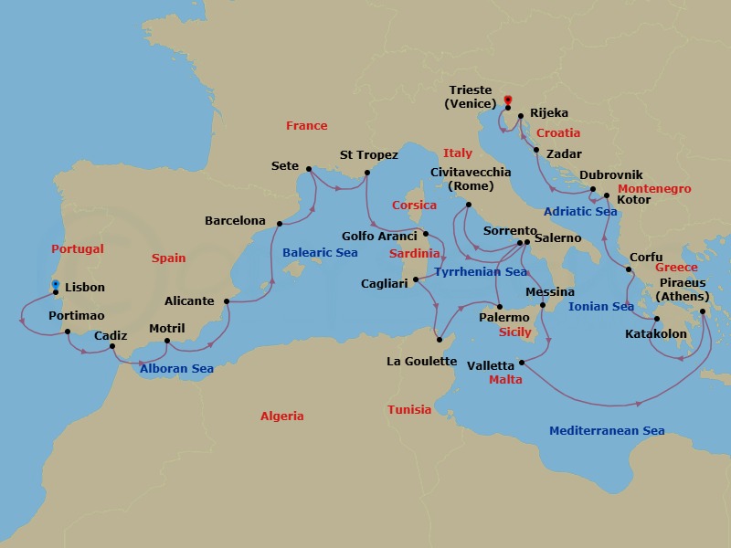 26 Night - Southern European Panorama - Oceania Marina - Starting in Lisbon, Portimao, Seville (Cadiz), Granada (Motril), Alicante, Barcelona, Sete, Saint-Tropez, Golfo Aranci, Cagliari (Sardinia), Tunis (La Goulette), Palermo (Sicily), Sorrento / Capri, Rome (Civitavecchia), Salerno, Messina (Sicily), Valletta, Athens (Piraeus), Katakolon, Corfu, Kotor, Dubrovnik, Croatia, Zadar, Rijeka, Trieste itinerary map