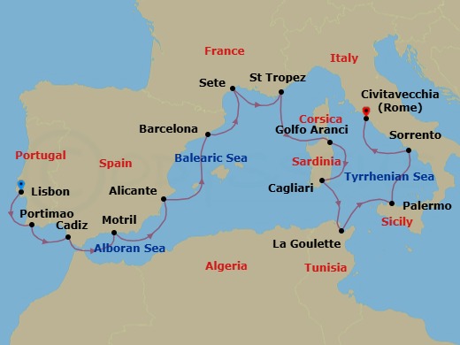 14 Night - Mediterranean Mystique - Oceania Marina - Starting in Lisbon, Portimao, Seville (Cadiz), Granada (Motril), Alicante, Barcelona, Sete, Saint-Tropez, Golfo Aranci, Cagliari (Sardinia), Tunis (La Goulette), Palermo (Sicily), Sorrento / Capri, Rome (Civitavecchia) itinerary map