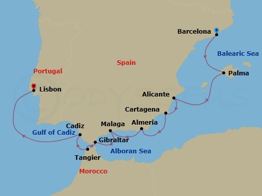 10 Night - Iberian & Moorish Montage - Oceania Marina - Starting in Barcelona, Palma De Mallorca, Alicante, Cartagena ES, Almeria, Malaga, Gibraltar, Tangier, Seville (Cadiz), Lisbon itinerary map