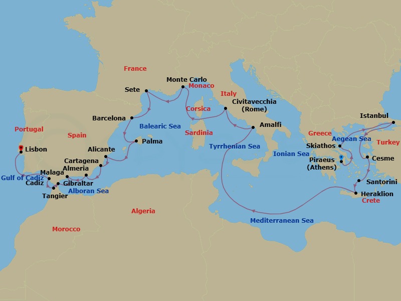 22 Night - Aegean-Iberian Passage - Oceania Marina - Starting in Athens (Piraeus), Skiathos, Istanbul, Cesme, Santorini, Heraklion (Crete), Amalfi / Positano, Rome (Civitavecchia), Monte Carlo, Sete, Barcelona, Palma De Mallorca, Alicante, Cartagena ES, Almeria, Malaga, Gibraltar, Tangier, Seville (Cadiz), Lisbon itinerary map