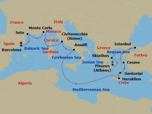 12 Night - Empires & Azure Shores - Oceania Marina - Starting in Athens (Piraeus), Skiathos, Istanbul, Cesme, Santorini, Heraklion (Crete), Amalfi / Positano, Rome (Civitavecchia), Monte Carlo, Sete, Barcelona itinerary map