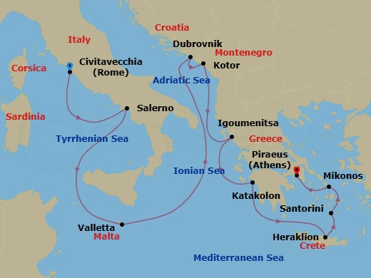 11 Night - Dalmatian & Aegean Splendor - Oceania Marina - Starting in Rome (Civitavecchia), Salerno, Valletta, Dubrovnik, Croatia, Kotor, Igoumenitsa, Katakolon, Heraklion (Crete), Santorini, Mykonos, Athens (Piraeus) itinerary map