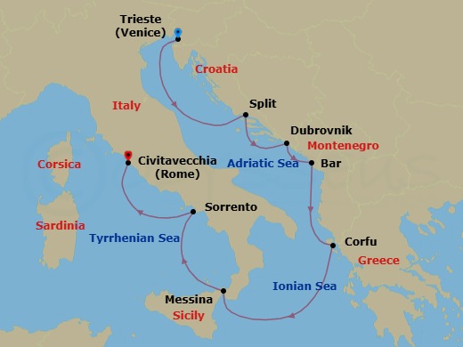 7 Night - Adriatic to Roman Shores - Oceania Marina - Starting in Trieste, Split, Dubrovnik, Croatia, Montenegro, Corfu, Messina (Sicily), Sorrento / Capri, Rome (Civitavecchia) itinerary map