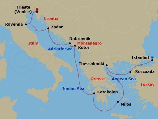 10 Night - Hellenic-Dalmatian Tapestry - Oceania Marina - Starting in Istanbul, Bozcaada (Troy), Thessaloniki, Milos, Katakolon, Kotor, Dubrovnik, Croatia, Zadar, Ravenna, Trieste itinerary map