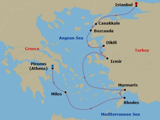 9 Night - Legends of Troy & Byzantium - Oceania Marina - Starting in Athens (Piraeus), Milos, Rhodes, Marmaris, Izmir, Pergamum (Dikili), Bozcaada (Troy), Canakkale (Troy), Istanbul itinerary map