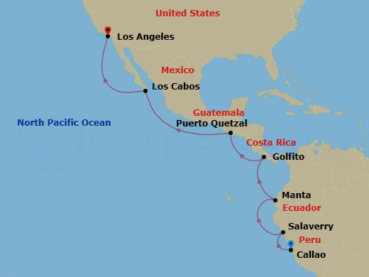 15 Night - Pan-American Discovery - Oceania Aurelia - Starting in Lima / Machu Picchu (Callao), Salaverry, Manta, Golfito, Puerto Quetzal, Cabo San Lucas, Los Angeles itinerary map