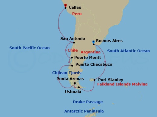 20 Night - Patagonia & Polar Passage - Oceania Aurelia - Starting in Buenos Aires, Port Stanley, Falkland Islands, Cruising the Antarctic Peninsula, Cruising Drake Passage, Ushuaia, Punta Arenas, Cruising the Chilean Fjords, Puerto Chacabuco, Puerto Montt, Santiago De Chile (San Antonio CL), Lima / Machu Picchu (Callao) itinerary map