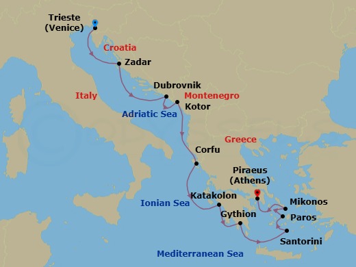 10 Night - Adriatic Gems & Greece - Oceania Allura - Starting in Trieste, Zadar, Dubrovnik, Croatia, Kotor, Corfu, Katakolon, Gythion, Santorini, Paros, Mykonos, Athens (Piraeus) itinerary map