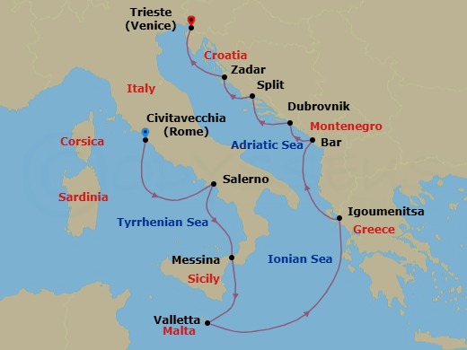 10 Night - Italy Circumnavigation - Oceania Allura - Starting in Rome (Civitavecchia), Salerno, Messina (Sicily), Valletta, Cruising the Ionian Sea, Igoumenitsa, Montenegro, Dubrovnik, Croatia, Split, Zadar, Trieste itinerary map