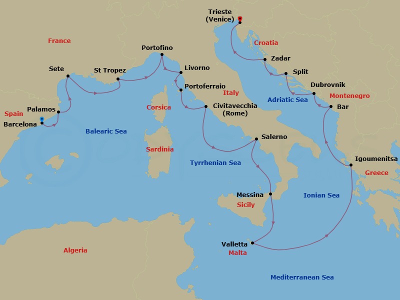 17 Night - Catalan to Venetian Shores - Oceania Allura - Starting in Barcelona, Palamos, Sete, Saint-Tropez, Portofino, Florence / Pisa / Tuscany (Livorno), Portoferraio (Elba), Rome (Civitavecchia), Salerno, Messina (Sicily), Valletta, Cruising the Ionian Sea, Igoumenitsa, Montenegro, Dubrovnik, Croatia, Split, Zadar, Trieste itinerary map