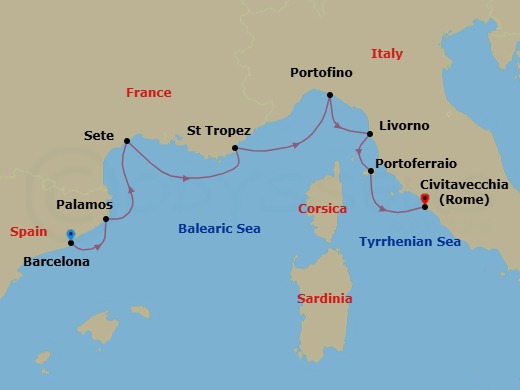 7 Night - Ramblas to Spanish Steps - Oceania Allura - Starting in Barcelona, Palamos, Sete, Saint-Tropez, Portofino, Florence / Pisa / Tuscany (Livorno), Portoferraio (Elba), Rome (Civitavecchia) itinerary map
