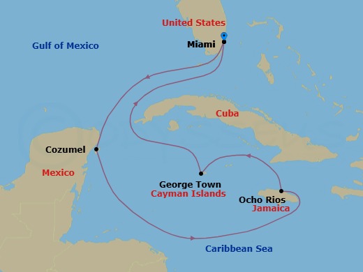 7 Night - Maya Reefs & Reggae Rhythms - Oceania Sonata - Starting in Miami, Cozumel, Mexico, Ocho Rios, Jamaica, George Town, Miami itinerary map