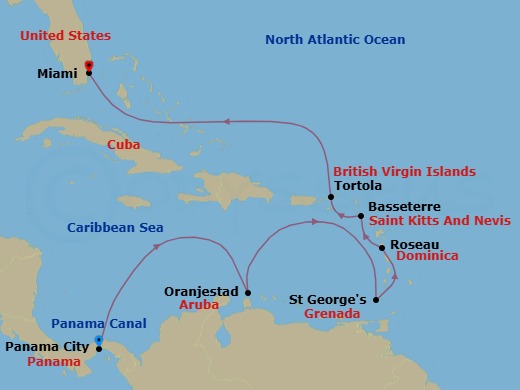 11 Night - Canal Gates to Leeward Light - Oceania Sonata - Starting in Panama City, Panama Canal Daylight Transit, Oranjestad, St Georges, Roseau, Basseterre, Tortola, Miami itinerary map
