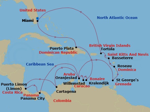 23 Night - Caribbean & Canal Crest - Oceania Sonata - Starting in Miami, Puerto Plata, Dominican Republic, Kralendijk, Willemstad AN, Oranjestad, Cartagena CO, Puerto Limon, Panama Canal Daylight Transit, Panama City, Panama Canal Daylight Transit, Oranjestad, St Georges, Roseau, Basseterre, Tortola, Miami itinerary map