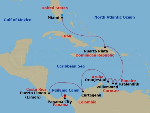 12 Night - Azure Abcs & Panama Passage - Oceania Sonata - Starting in Miami, Puerto Plata, Dominican Republic, Kralendijk, Willemstad AN, Oranjestad, Cartagena CO, Puerto Limon, Panama Canal Daylight Transit, Panama City itinerary map