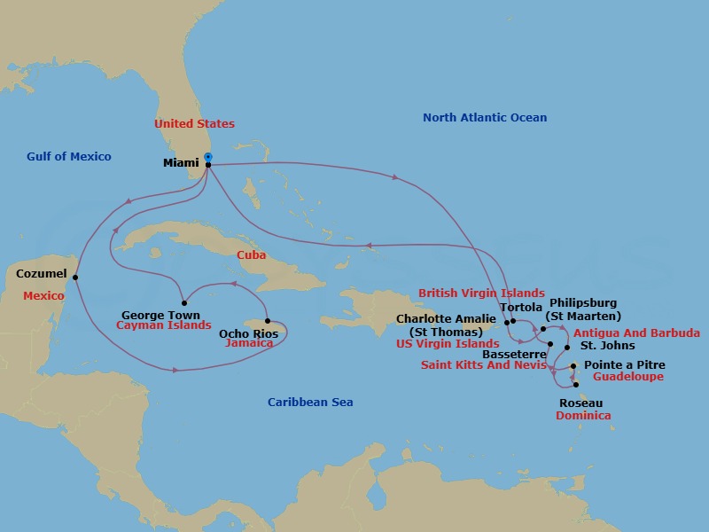 19 Night - Southern & Western Voyager - Oceania Sonata - Starting in Miami, Charlotte Amalie, Philipsburg, St Johns AG, Roseau, Pointe-a-Pitre, Basseterre, Tortola, Miami, Cozumel, Mexico, Ocho Rios, Jamaica, George Town, Miami itinerary map