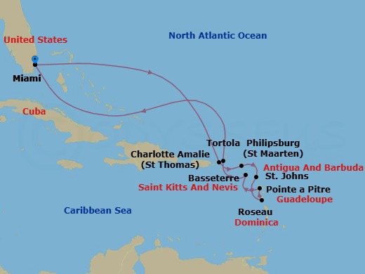 12 Night - Leeward Breezes & Bays - Oceania Sonata - Starting in Miami, Charlotte Amalie, Philipsburg, St Johns, Roseau, Pointe-a-Pitre, Basseterre, Tortola, Miami itinerary map