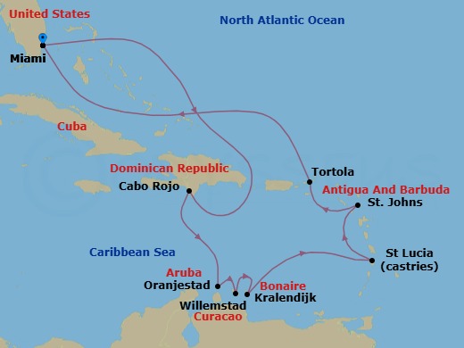 14 Night - Southern Caribbean Mosaic - Oceania Sonata - Starting in Miami, Cabo Rojo, Oranjestad, Willemstad AN, Kralendijk, Castries, St Johns, Tortola, Miami itinerary map