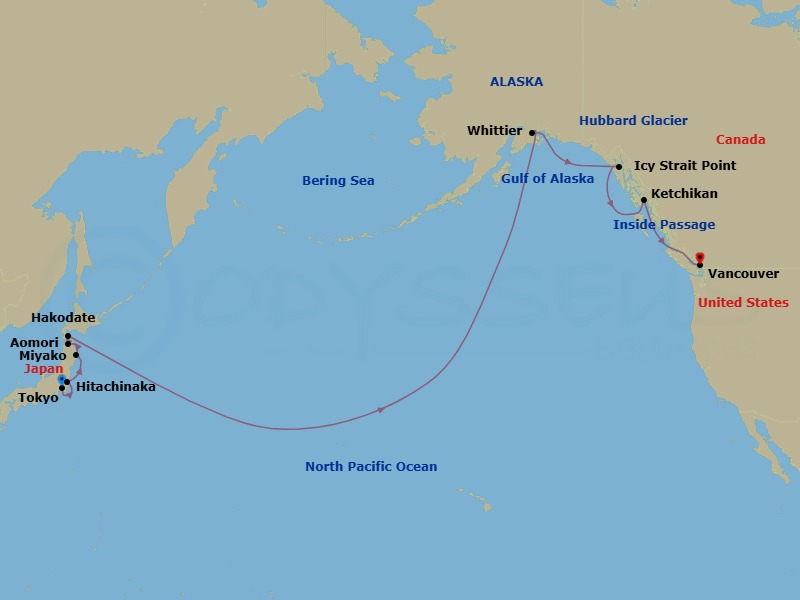18 Night - Eastern Seas to Alaska - Oceania Riviera - Starting in Tokyo, Hitachinaka, Miyako, Aomori, Hakodate (Hokkaido), Crossing the International Date Line, Anchorage (Whittier), Cruising Hubbard Glacier, Icy Strait Point (Hoonah), Ketchikan, Cruising the Inside Passage, Vancouver itinerary map