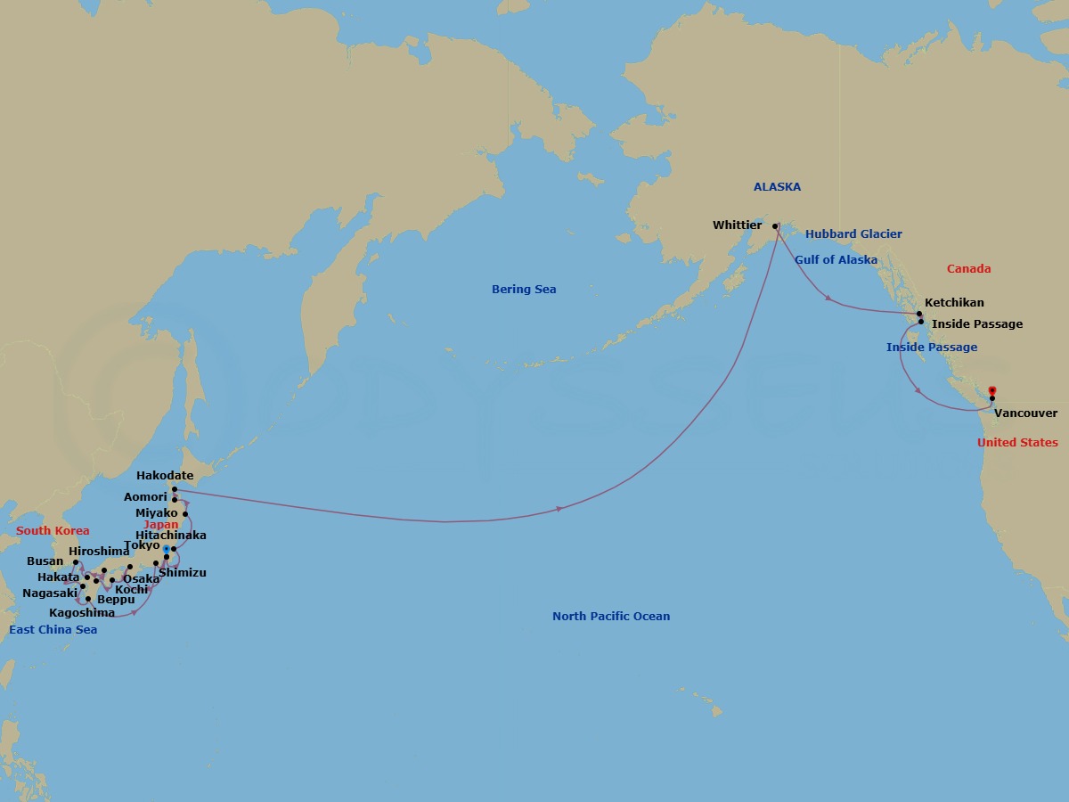 30 Night - North Pacific Discovery - Oceania Riviera - Starting in Tokyo, Osaka, Kochi, Beppu, Hiroshima, Fukuoka (Hakata), Busan, Nagasaki, Kagoshima, Shimizu, Tokyo, Hitachinaka, Miyako, Aomori, Hakodate (Hokkaido), Crossing the International Date Line, Anchorage (Whittier), Cruising Hubbard Glacier, Icy Strait Point (Hoonah), Ketchikan, Cruising the Inside Passage, Vancouver itinerary map