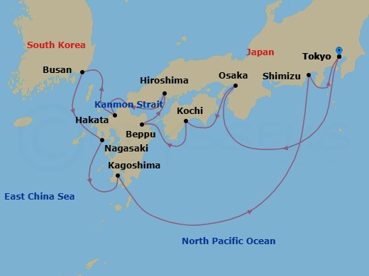 12 Night - Focus On Japan - Oceania Riviera - Starting in Tokyo, Osaka, Kochi, Beppu, Hiroshima, Kanmon Straits, Fukuoka (Hakata), Busan, Nagasaki, Kagoshima, Shimizu, Tokyo itinerary map