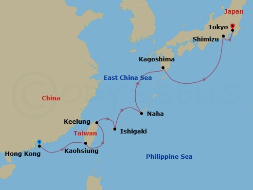 11 Night - Taiwan & Japan Explorer - Oceania Riviera - Starting in Hong Kong, Kaohsiung, Taipei (Keelung), Ishigaki, Okinawa (Naha), Kagoshima, Shimizu, Tokyo itinerary map