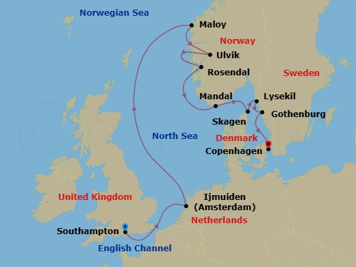 11 Night - Scandinavian Splendors - Oceania Aurelia - Starting in London (Southampton), Ijmuiden, Maloy, Ulvik, Norway, Rosendal, Mandal, Skagen, Lysekil, Gothenburg, Copenhagen itinerary map