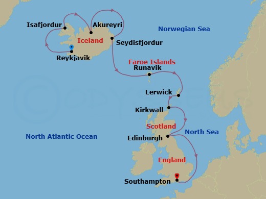 10 Night - Nordic Isles Discovery - Oceania Aurelia - Starting in Reykjavik, Isafjordur, Akureyri, Seydisfjordur, Runavik, Faroe Islands, Lerwick (Shetland Islands), Kirkwall (Orkney Islands), Edinburgh (Newhaven), London (Southampton) itinerary map