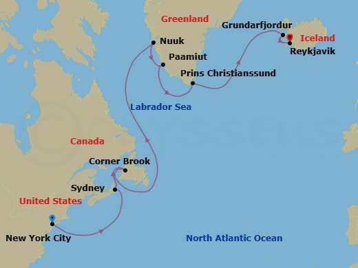 14 Night - North Atlantic Passage - Oceania Aurelia - Starting in New York, Sydney CA, Corner Brook, Nuuk, Paamiut (Frederikshab), Cruising Prince Christian Sound, Grundarfjordur, Reykjavik itinerary map