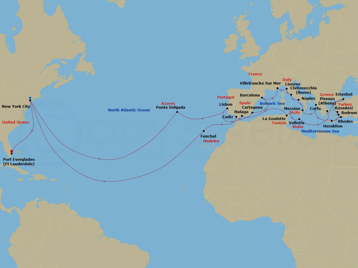 48 Night - Legendary Ultimate Mediterranean & Atlantic Passage - Volendam - Starting in New York, Ponta Delgada, Sao Miguel, Azores, Portugal, Lisbon, Portugal, Cruising Strait of Gibraltar, Cartagena ES, Barcelona, Spain, Villefranche-sur-Mer (Nice), France, Livorno (Florence / Pisa), Italy, Civitavecchia (Rome), Italy, Naples (Pompeii / Amalfi), Italy, Messina, Italy, Kerkira, (Corfu), Greece, Iraklion (Crete), Greece, Rhodes, Greece, Bodrum, Turkey, Kusadasi (Ephesus), Turkey, Cruising the Dardanelles, Istanbul, Turkey, Piraeus (Athens), Greece, Valletta, Malta, La Goulette (Tunis), Tunisia, Malaga, Spain, Cadiz (Seville), Spain, Funchal (Madeira), Portugal, New York, Fort Lauderdale, Florida itinerary map