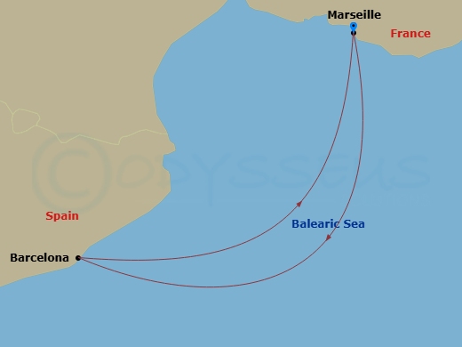 2 Night - Msc Grand Voyages - MSC Seashore - Starting in Marseille (Provence), France, Barcelona, Spain, Marseille (Provence), France itinerary map