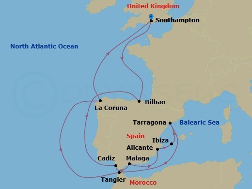 14 Night - Northern Europe - MSC Meraviglia - Starting in Southampton (London), United Kingdom, Bilbao, Spain, Cadiz (Seville), Spain, Malaga (Granada), Spain, Alicante, Spain, Ibiza (Balearic Islands), Spain, Tarragona, Spain, Tangier (Tetouan), Morocco, La Coruna (Santiago De Compostela), Spain, Southampton (London), United Kingdom itinerary map