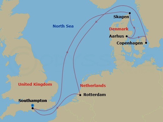 7 Night - Northern Europe - MSC Meraviglia - Starting in Southampton (London), United Kingdom, Skagen, Denmark, Aarhus, Denmark, Copenhagen, Denmark, Rotterdam (Amsterdam), Netherlands, Southampton (London), United Kingdom itinerary map