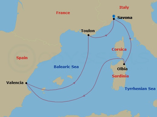 5 Night - Mediterranean Roundtrip from Savona - Costa Fascinosa - Starting in Savona, Olbia (costa Smeralda), Valencia, La Seyne (St Tropez), Savona itinerary map