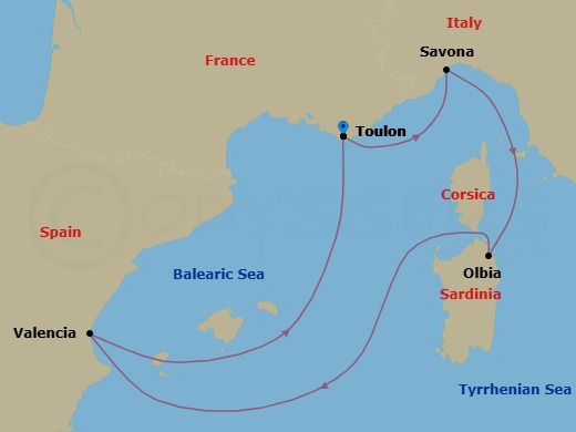 5 Night - Mediterranean Roundtrip from Toulon - Costa Fascinosa - Starting in La Seyne (St Tropez), Savona, Olbia (costa Smeralda), Valencia, La Seyne (St Tropez) itinerary map