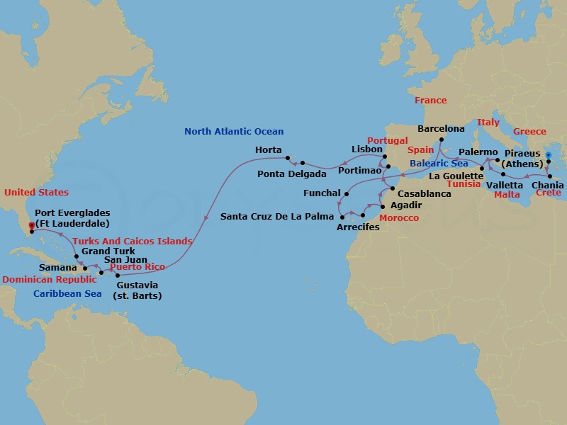30 Night - Transoceanic - Crystal Serenity - Starting in Athens (Piraeus), Souda (Chania), Valletta, Palermo, Sicily, Tunis (La Goulette), Barcelona, Funchal, Madeira, Santa Cruz de La Palma, Arrecife, Canary Islands, Agadir, Casablanca, Morocco, Portimao, Lisbon, Ponta Delgada (Sao Miguel Island), Horta, Gustavia, St Barthelemy, San Juan, Samana, Grand Turk, Fort Lauderdale itinerary map
