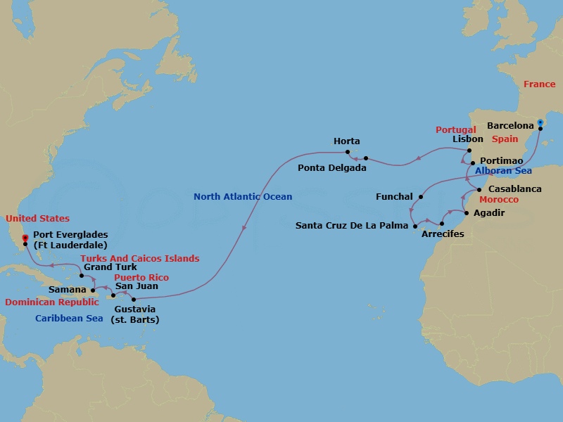 23 Night - Transoceanic - Crystal Serenity - Starting in Barcelona, Funchal, Madeira, Santa Cruz de La Palma, Arrecife, Canary Islands, Agadir, Casablanca, Morocco, Portimao, Lisbon, Ponta Delgada (Sao Miguel Island), Horta, Gustavia, St Barthelemy, San Juan, Samana, Grand Turk, Fort Lauderdale itinerary map