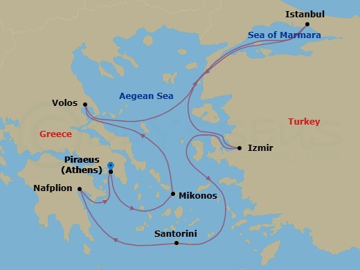 8 Night - Eastern Mediterranean from Athens (Pireo) - Costa Pacifica - Starting in Piraeus (Athens), Mykonos, Volos (Meteora), Istanbul, Izmir, Thira (Santorini), Nafplion, Piraeus (Athens) itinerary map