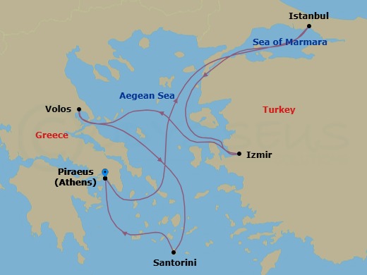 6 Night - Eastern Mediterranean from Athens (Pireo) - Costa Pacifica - Starting in Piraeus (Athens), Istanbul, Izmir, Volos (Meteora), Thira (Santorini), Piraeus (Athens) itinerary map