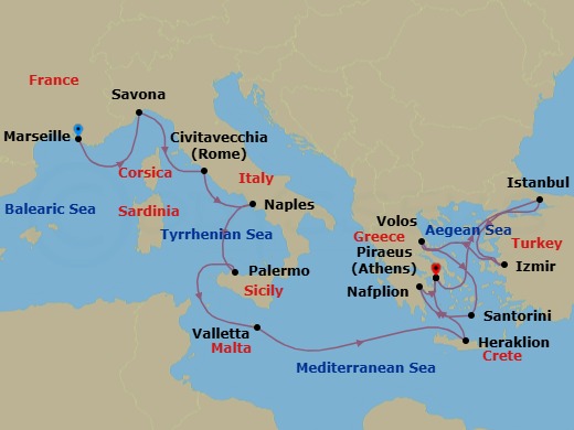 15 Night - Mediterranean from Marseille to Athens (Piraeus) - Costa Pacifica - Starting in Marseille, Savona, Civitavecchia (Rome), Naples, Palermo, Malta / La Valletta, Heraklion (Crete), Piraeus (Athens), Istanbul, Izmir, Volos (Meteora), Thira (Santorini), Nafplion, Piraeus (Athens) itinerary map