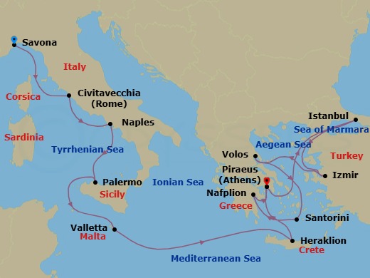 14 Night - Mediterranean from Savona to Athens (Piraeus) - Costa Pacifica - Starting in Savona, Civitavecchia (Rome), Naples, Palermo, Malta / La Valletta, Heraklion (Crete), Piraeus (Athens), Istanbul, Izmir, Volos (Meteora), Thira (Santorini), Nafplion, Piraeus (Athens) itinerary map